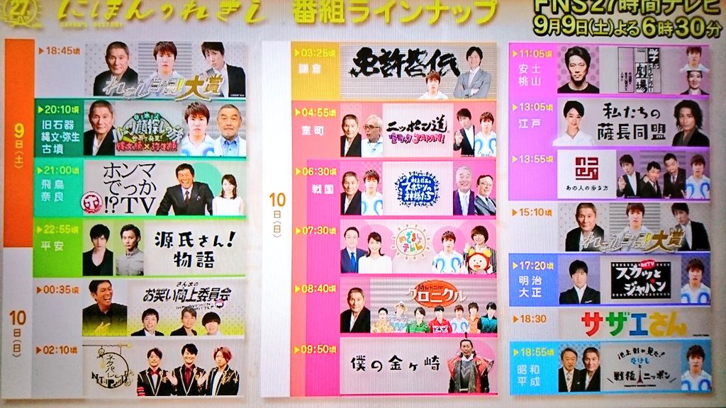 FNS27時間テレビ(9/9~10）にほんのれきし 出演女子アナタイムテーブルを作成！